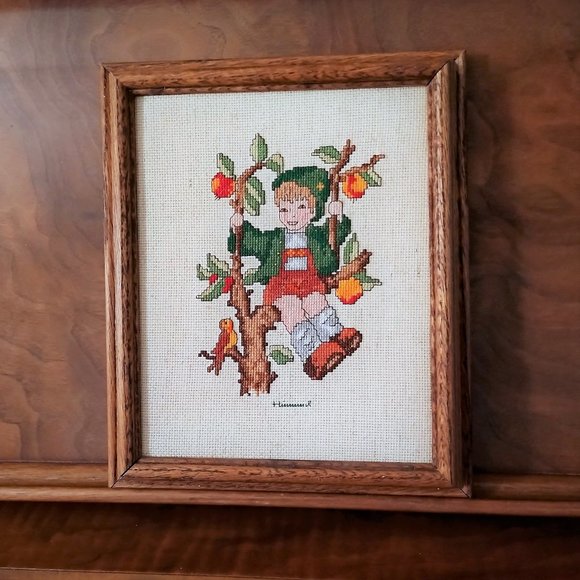Vintage Hummel NeedlePoint “Boy Lederhosen Peach/Apple Tree Framed - Picture 1 of 7